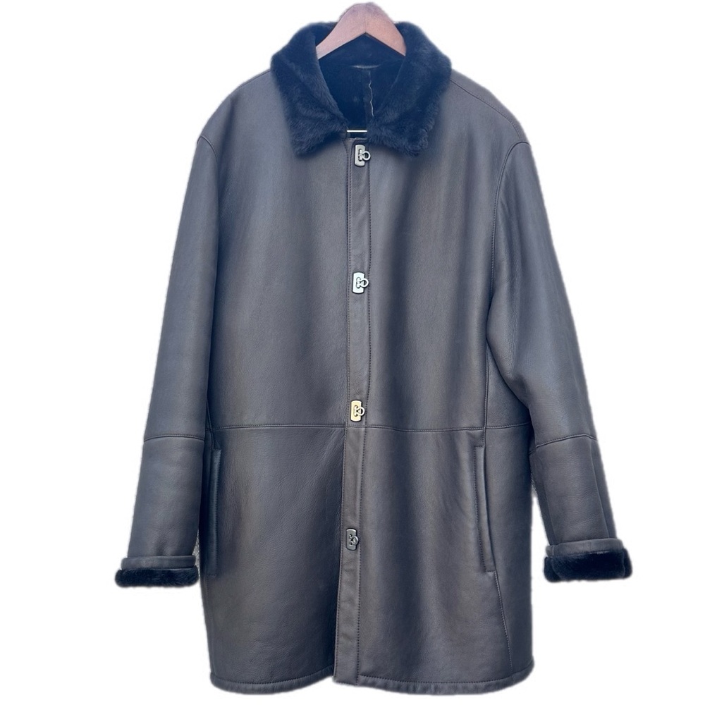 Salvatore Ferragamo Faux Shearling Genuine Leather Coat 56 XXL Gancini Italy